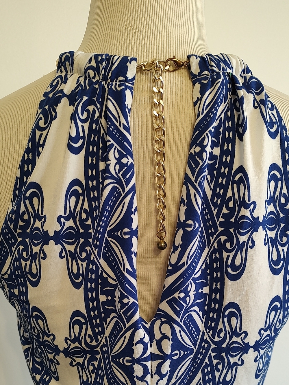 Bisou Bisou Navy and White Printed Halter Maxi Dress with Chain Detail - Picture 5 of 7